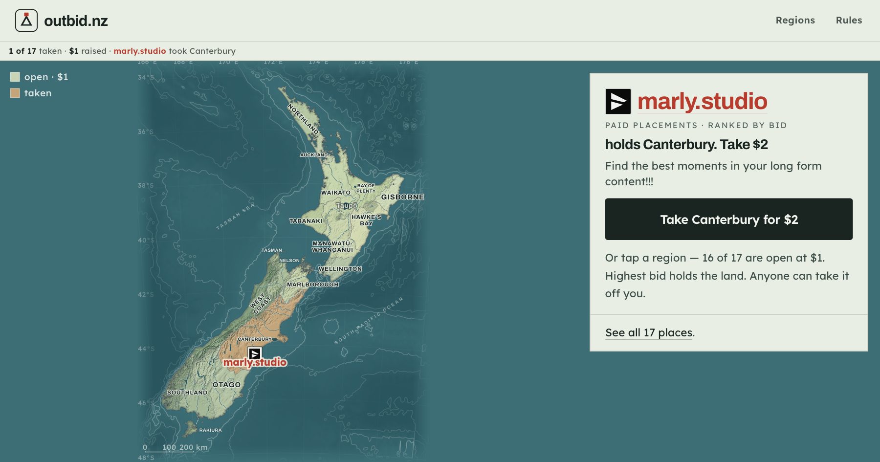 I put New Zealand up for auction on a map